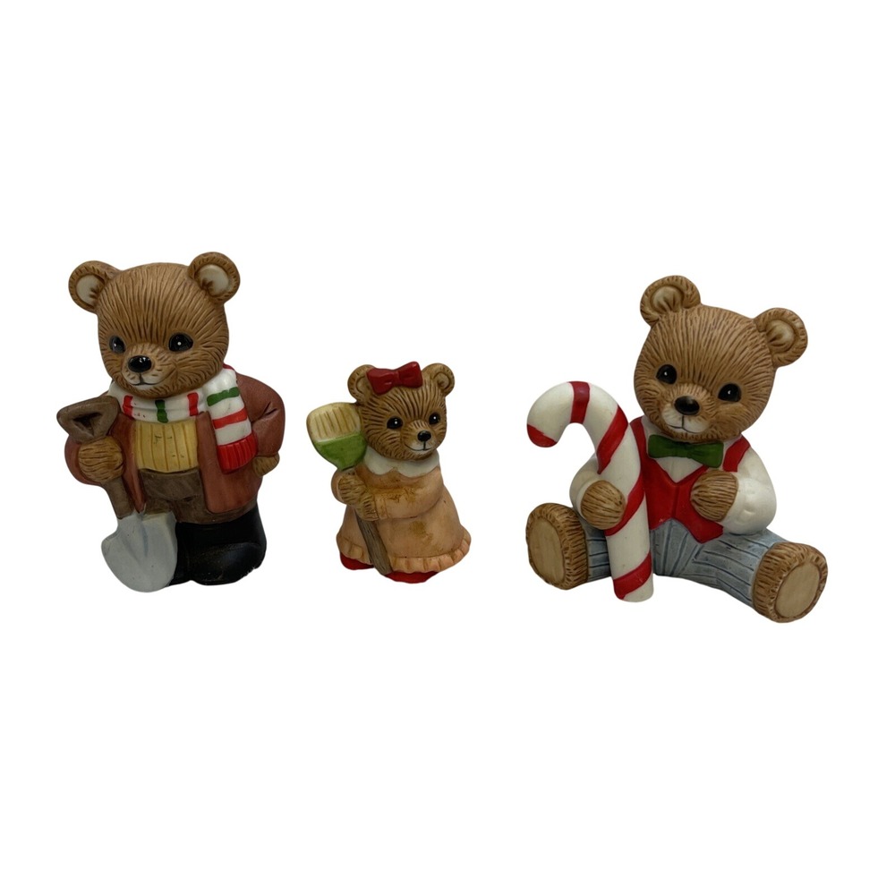 HOMCO Ceramic Teddy Bear Figurines Set of 3 Christmas Carolers Candy Cane Broom